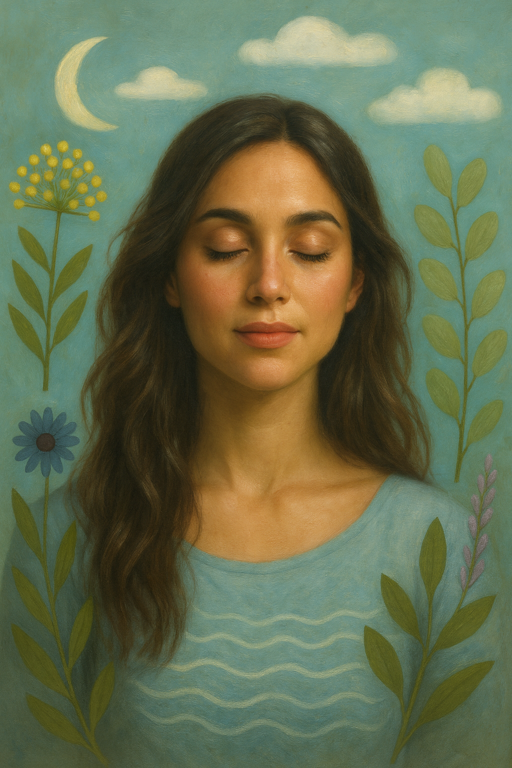serene woman with glowing skin and closed eyes, framed by helichrysum, blue tansy, eucalyptus, and chamomile on a soft blue background with clouds and a crescent moon, symbolizing the calming luxury of Tulip Blooms skincare.