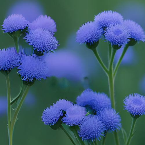 Close-up of Blue Tansy with a blurred green background