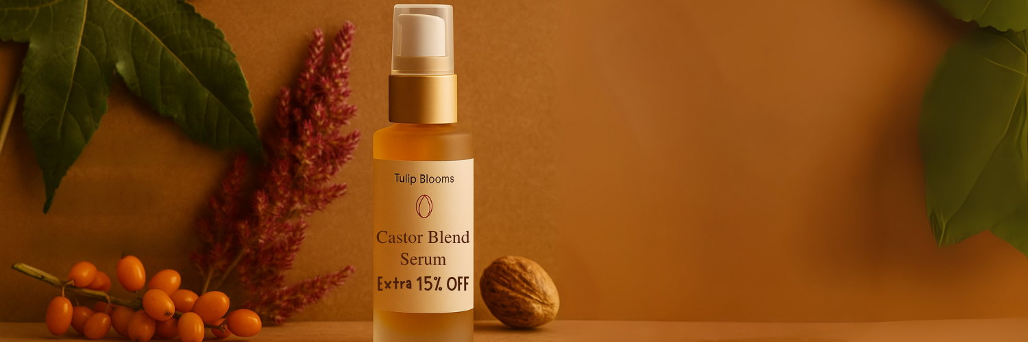 Serum bottle with natural elements on a wooden surface and brown background