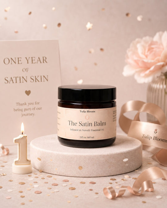A jar of The Satin Balm by Julip Blooms sits on a round pedestal, surrounded by champagne-colored ribbons, a lit candle, a card reading 'One Year of Satin Skin,' and soft floral decor against a warm beige background with confetti.