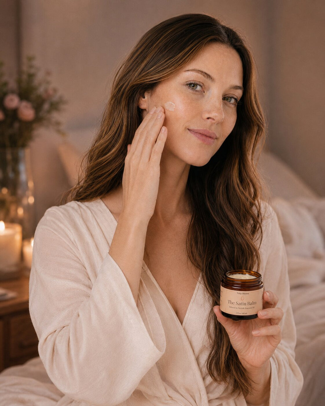 A woman in a cream robe applies a cream product to her cheek while holding a small amber jar labeled 'The Radiant Skin' in a softly lit bedroom setting.