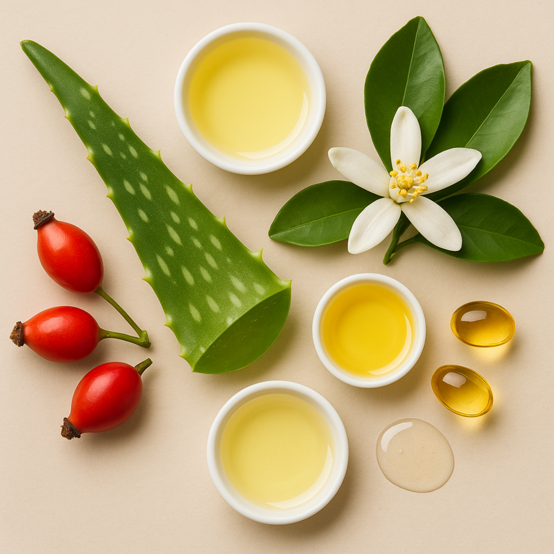 Flat lay of Rainfall Lotion ingredients including aloe vera gel, rosehips, neroli flower, vitamin E capsules, and bowls of organic oils like jojoba, apricot kernel, and rosehip oil—arranged on a soft neutral background to highlight the clean, botanical formula.