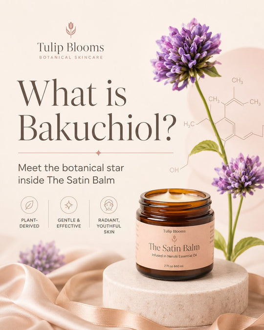 Tulip Blooms Botanical Skincare The Satin Balm jar displayed on a marble pedestal with purple flowers and soft pink satin ribbons, alongside large text reading 'What is Bakuchiol?' and product feature icons.