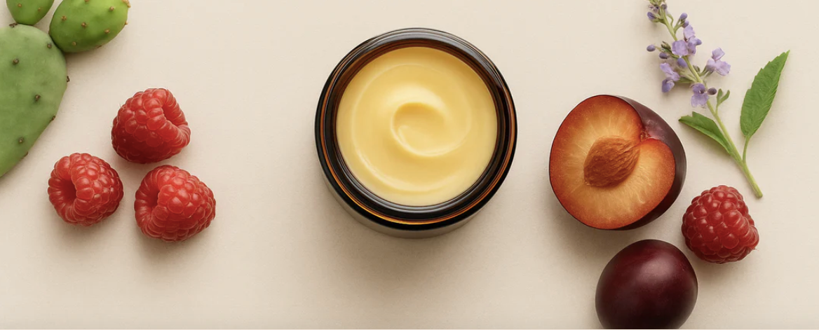 Satin Balm container with fruits and plants on a beige background