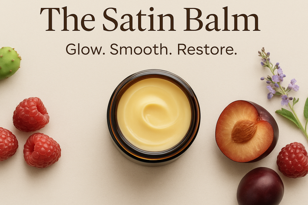 Promotional image for 'The Satin Balm' with natural ingredients on a light background