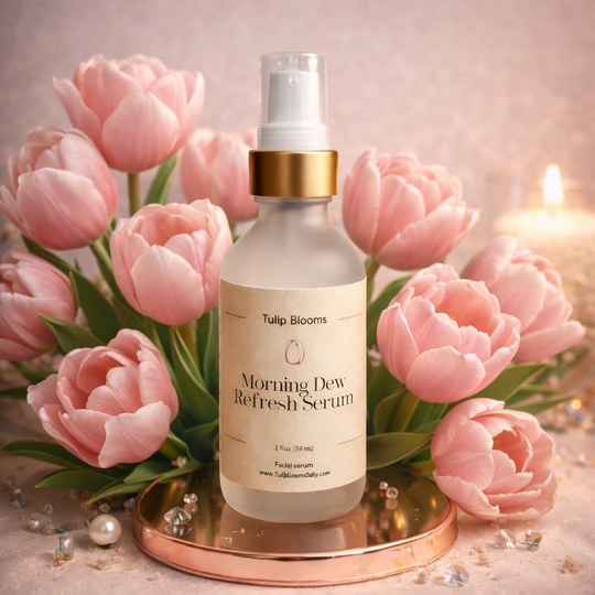 Serum bottle labeled 'Morning Dew Refresh Serum' with pink tulips in the background