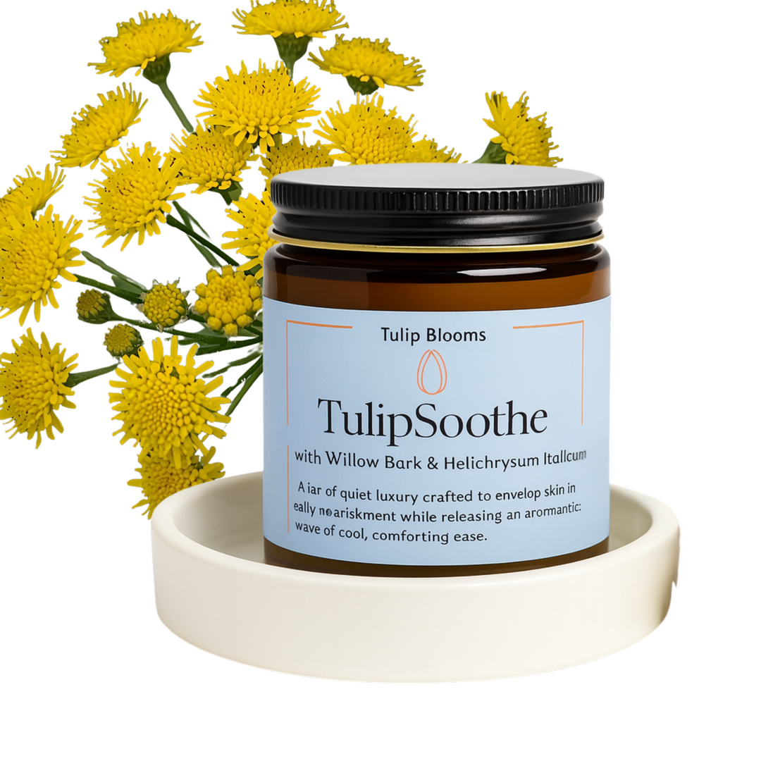 Tulip Blooms TulipSoothe Balm in amber glass jar with pastel blue label, featuring willow bark and helichrysum italicum
